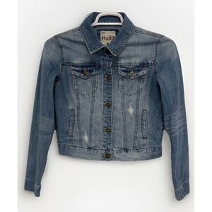 Mudd Distressed Denim Jacket Size Medium Stonewashed  100% Cotton Embroidered‎